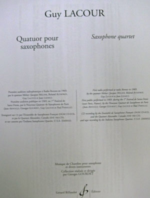 画像2: サックス４重奏楽譜　四重奏曲（Quatuor　pour　saxophones）　作曲／ラクール（G.Lacour）　編曲／