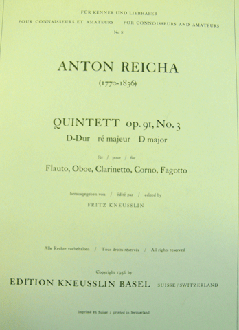 画像1: 【在庫一掃セール】　木管5重奏楽譜　QUINTETT　op.91　NO,3　D-Dur　作曲：ANTON REICHA（ライヒャ）　【2021年10月3日登録】